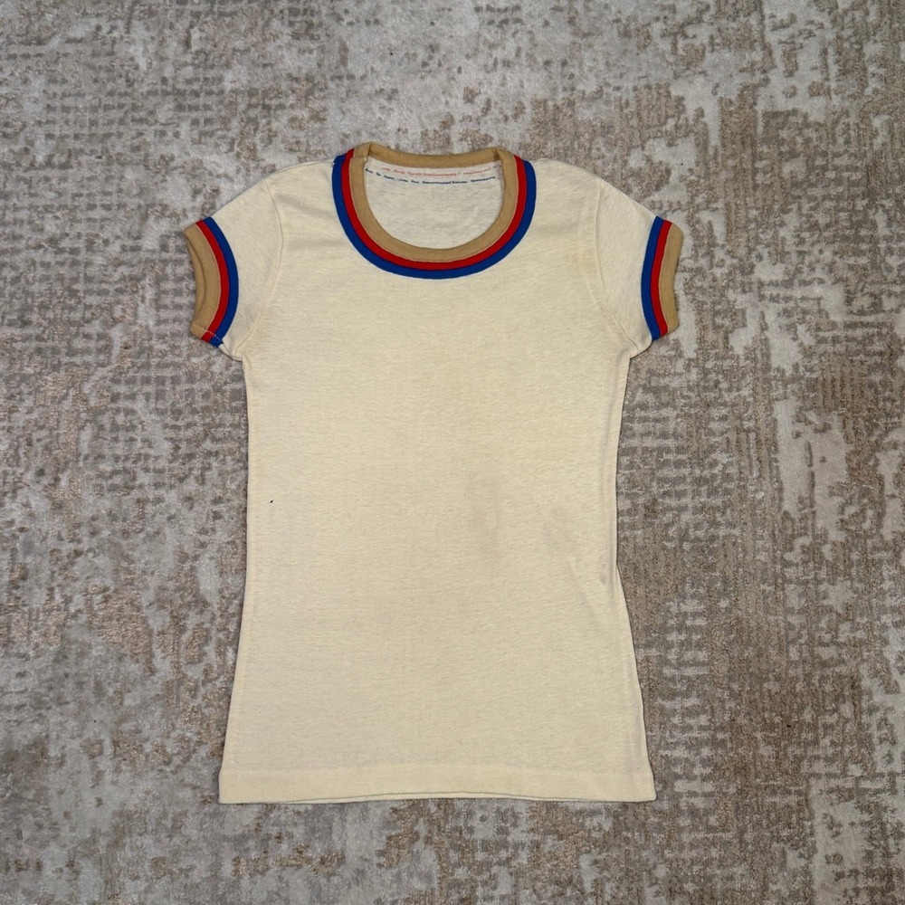 Vintage 60s/70s Tri-Color Striped Ribbed Trim Ringer Fitted T-Shirt